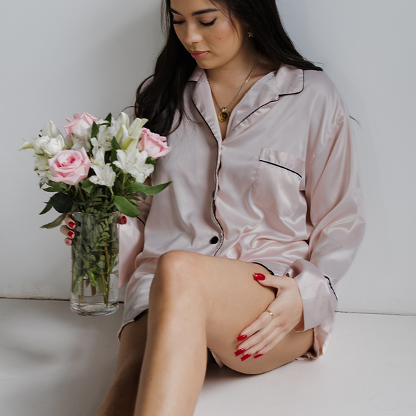 Blush Long Sleeve Top and Shorts Set with Black trim