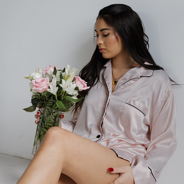 Blush Long Sleeve Top and Shorts Set with Black trim