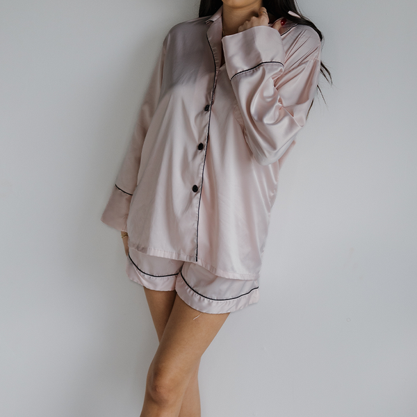 Blush Long Sleeve Top and Shorts Set with Black trim
