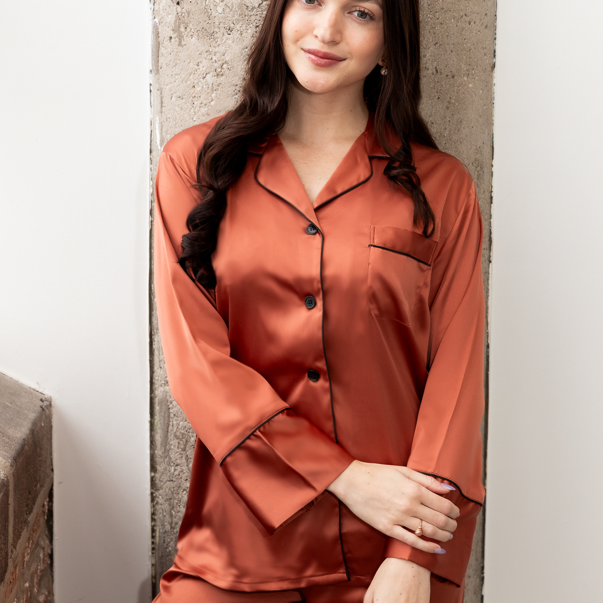 Burnt Orange Satin Pajama Pants Set