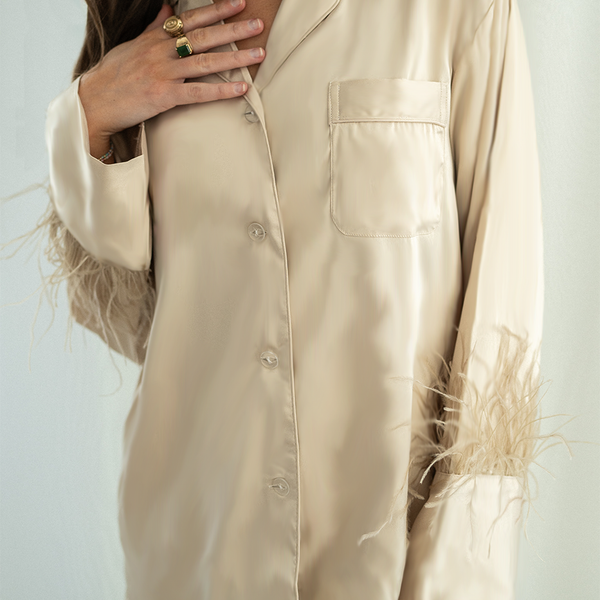 Champagne Feather Satin Pants set