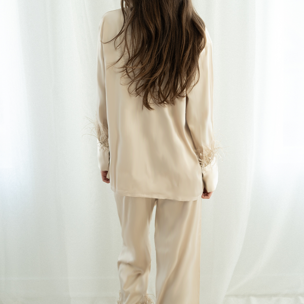 Champagne Feather Satin Pants set