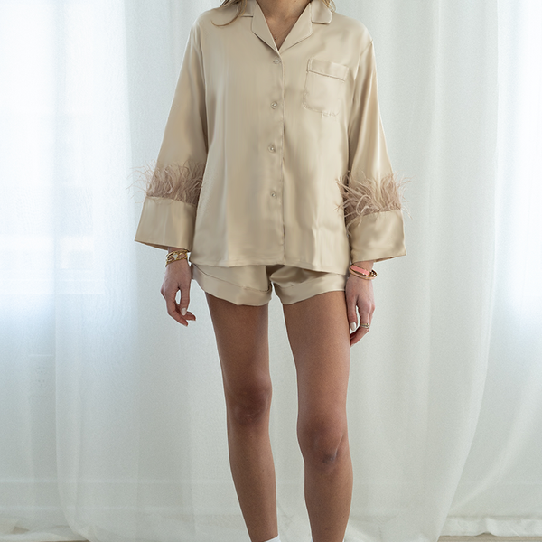 Champagne Feathers Satin Shorts Set