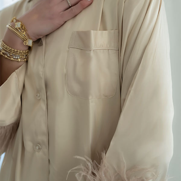 Champagne Feathers Satin Shorts Set