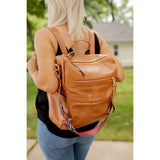 Tan stylish womens backpack; womens outfit accessory. 