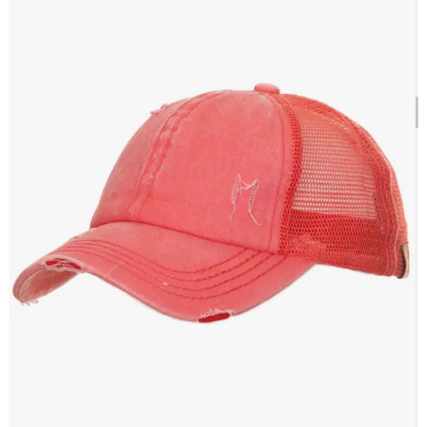 Distressed coral colored womens bun cap; outfit accessory.