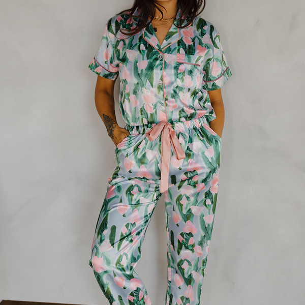 Fluid Tulips Satin Pajamas Pants Set with Ribbon tie