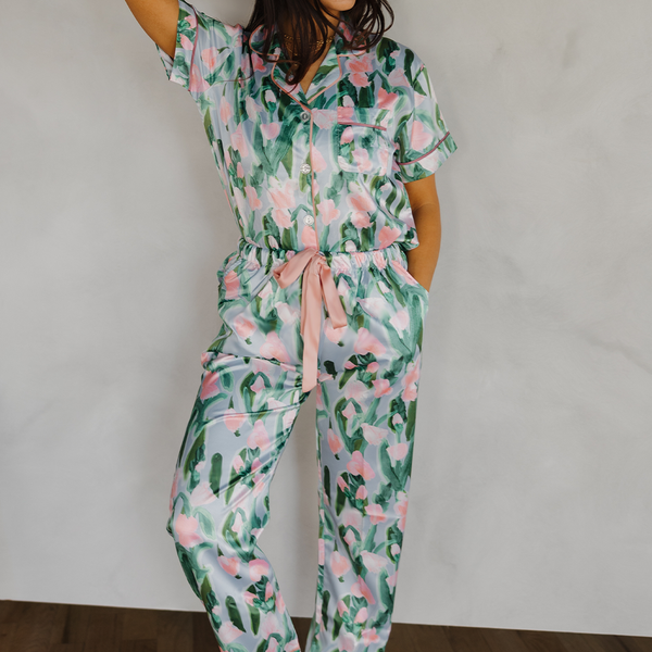 Fluid Tulips Satin Pajamas Pants Set with Ribbon tie