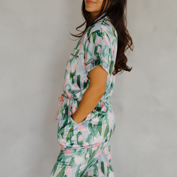 Fluid Tulips Satin Pajamas Pants Set with Ribbon tie