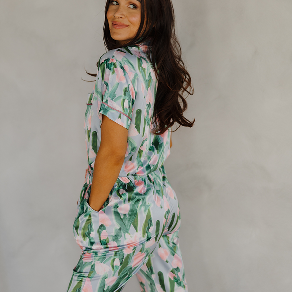 Fluid Tulips Satin Pajamas Pants Set with Ribbon tie