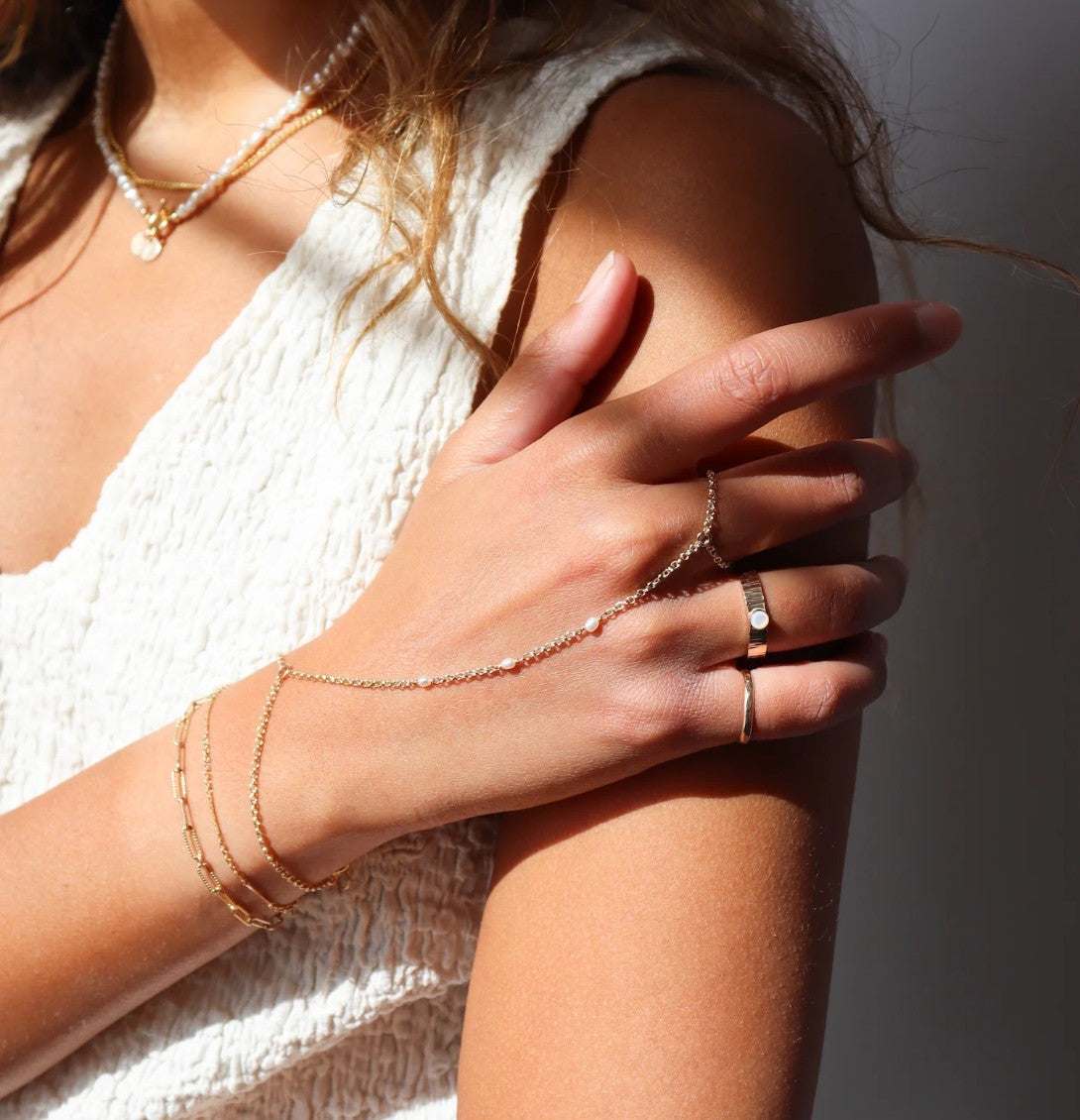Gemini Hand Chain With Pearls - 14k gold fill