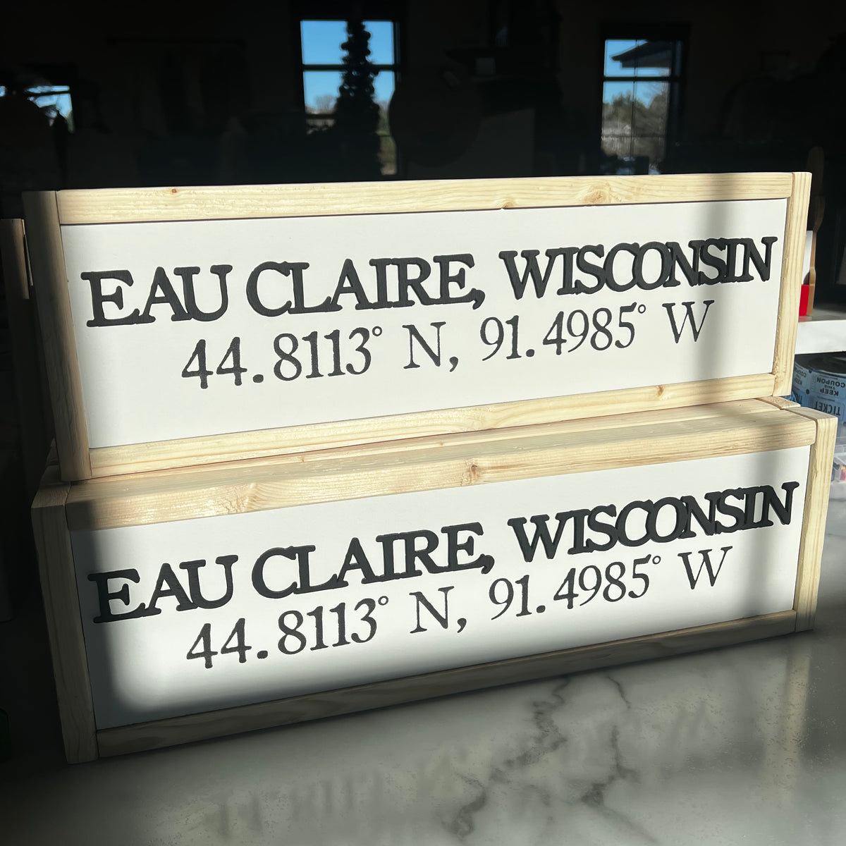 Eau Claire, WI With Coordinates Wood Laser 3D Sign