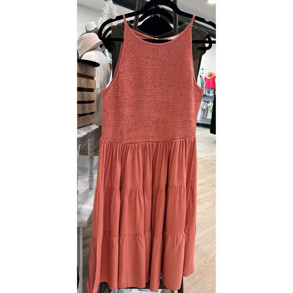 Smock tired sleeveless halter dress in Coral - women's clothing