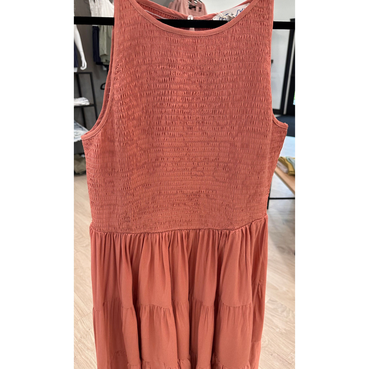 Smock tired sleeveless halter dress in Coral - women's clothing
