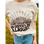 Cream t-shirt with floral, sun, and black print: "Everything is Gonna Be Alrigjt"; junior apparel