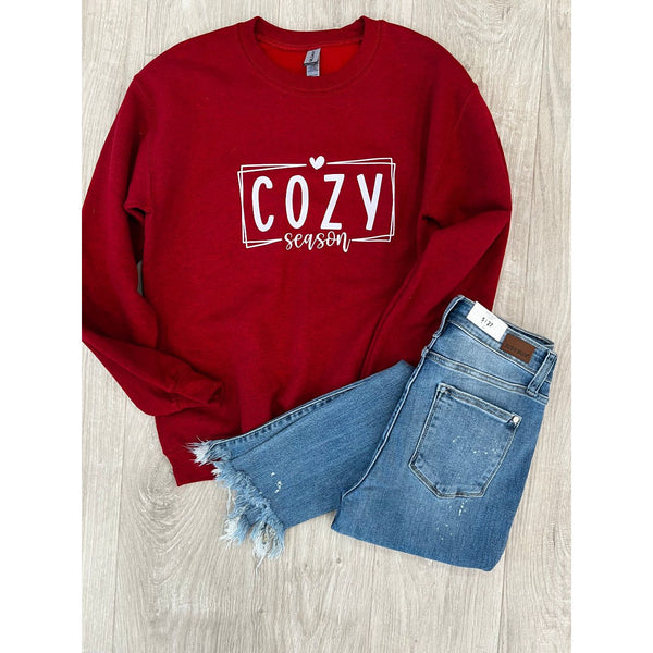 Red "cozy season" crew neck sweatshirt; womens clothing.