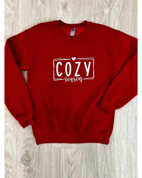 Red "cozy season" crew neck sweatshirt; womens clothing.
