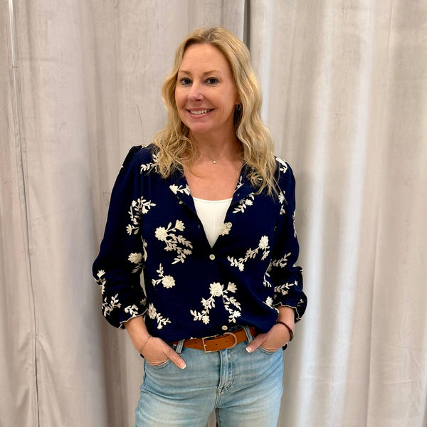 Boho Midnight Ecru Floral Ruffled Blouse