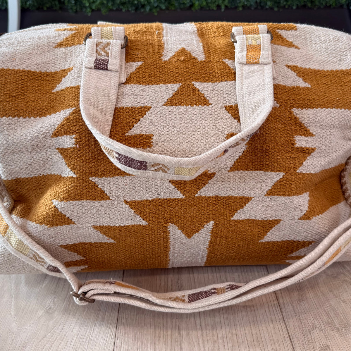 Cream and Orange Aztec Duffel