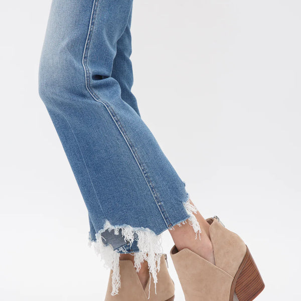 High Rise Crop Flare Uneven Hem-Mica