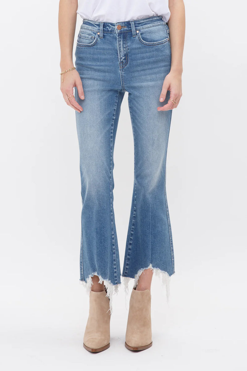 High Rise Crop Flare Uneven Hem-Mica