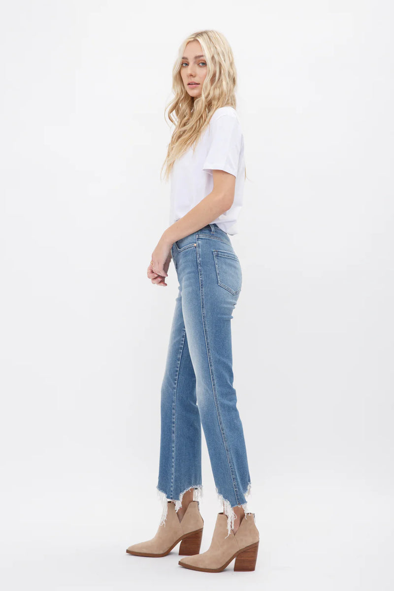 High Rise Crop Flare Uneven Hem-Mica