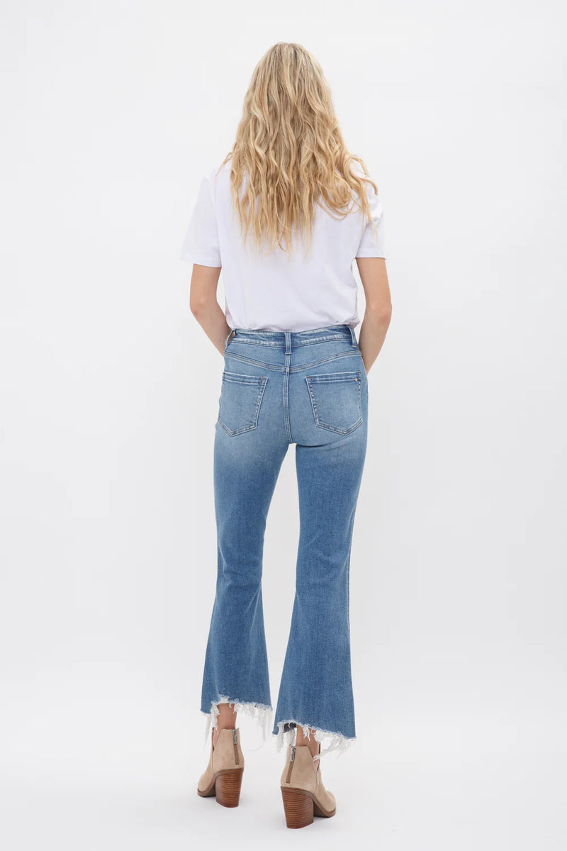 High Rise Crop Flare Uneven Hem-Mica