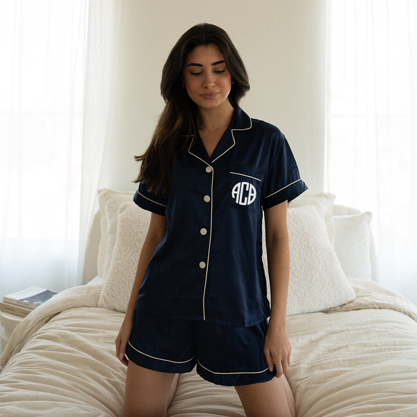 Navy Blue Satin Pajamas Shorts Set