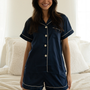 Navy Blue Satin Pajamas Shorts Set