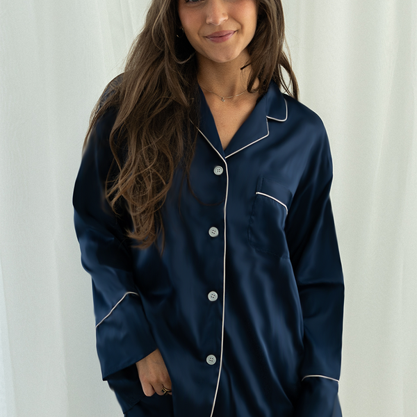 Navy Long Sleeve Top and Shorts Set with White trim