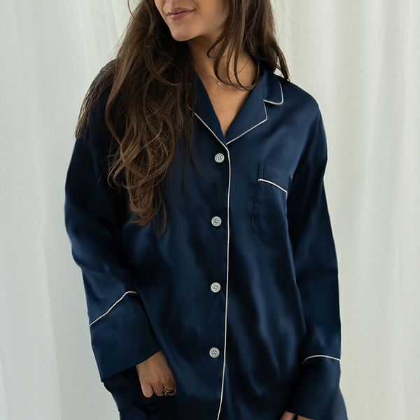 Navy Long Sleeve Top and Shorts Set with White trim