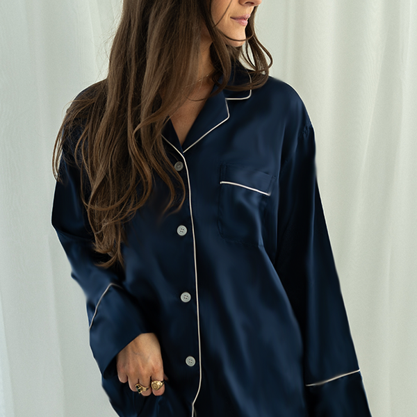 Navy Long Sleeve Top and Shorts Set with White trim