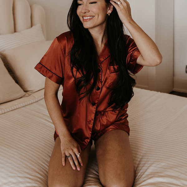 Burnt Orange Satin Pajamas Shorts Set