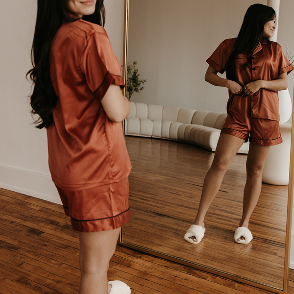 Burnt Orange Satin Pajamas Shorts Set