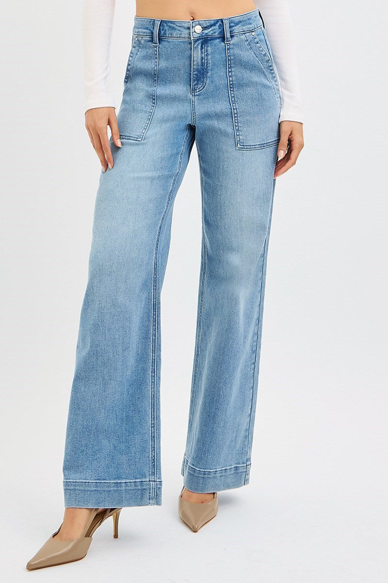 Risen High Rise Straight Leg Jeans With Cargo Front Pockets