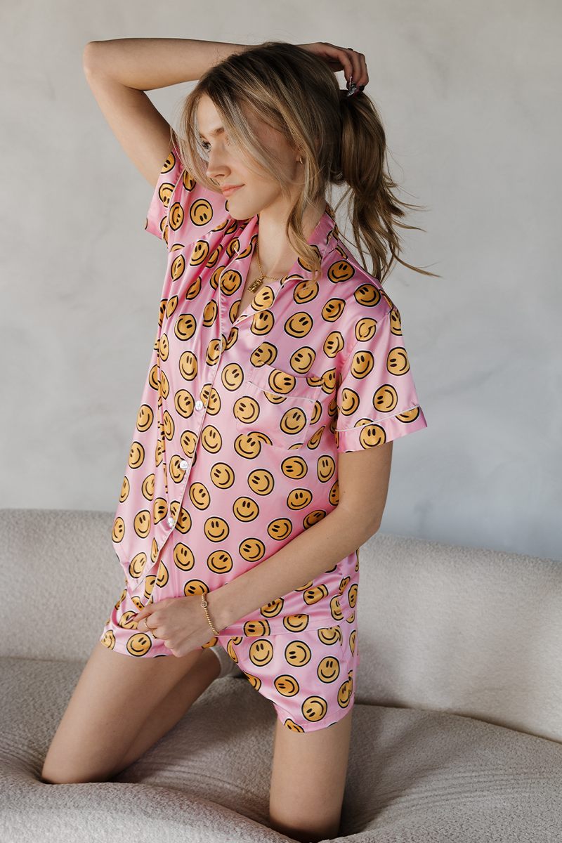 Pink Smiley Satin Pajamas