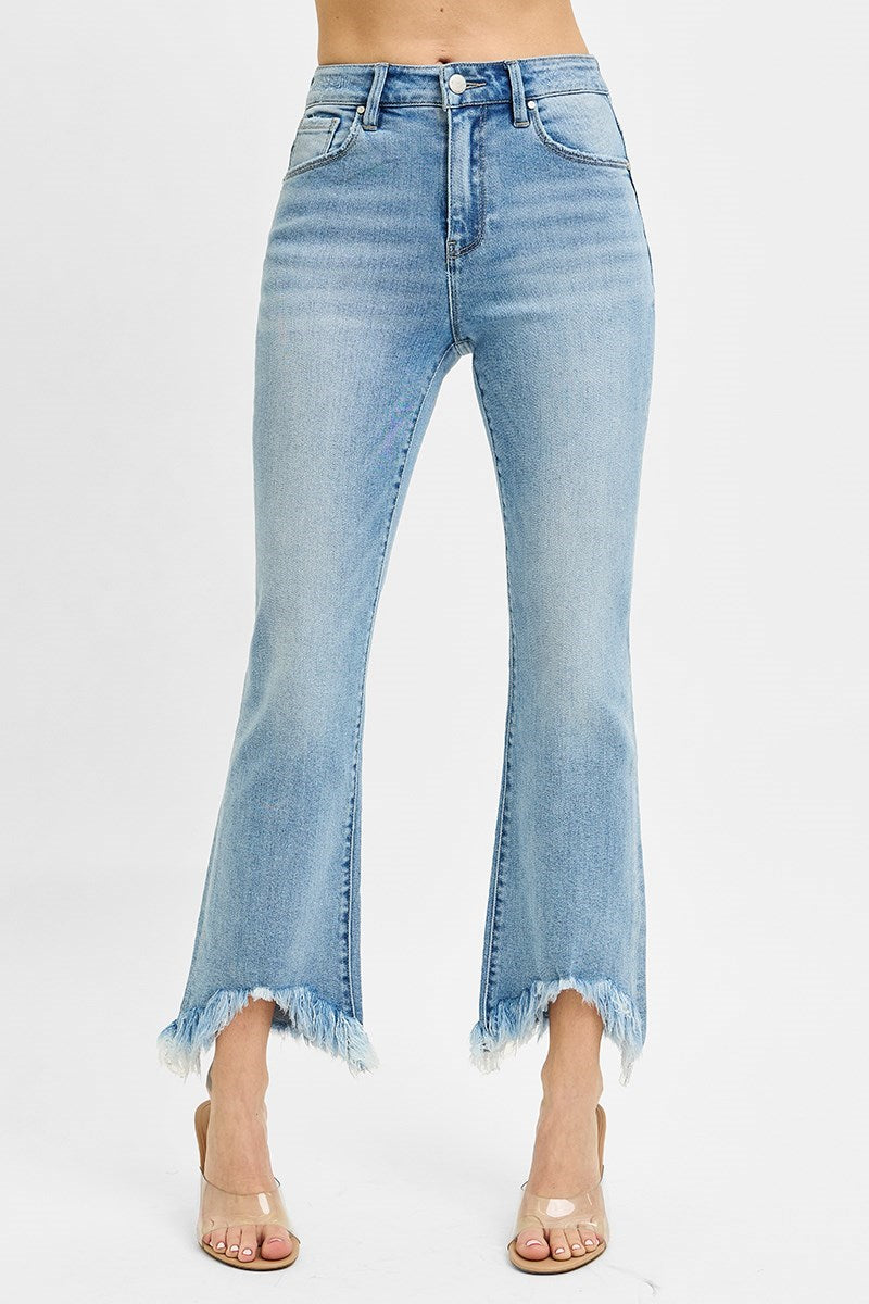 Risen High Rise Crop Bootcut Fray Hem Jeans