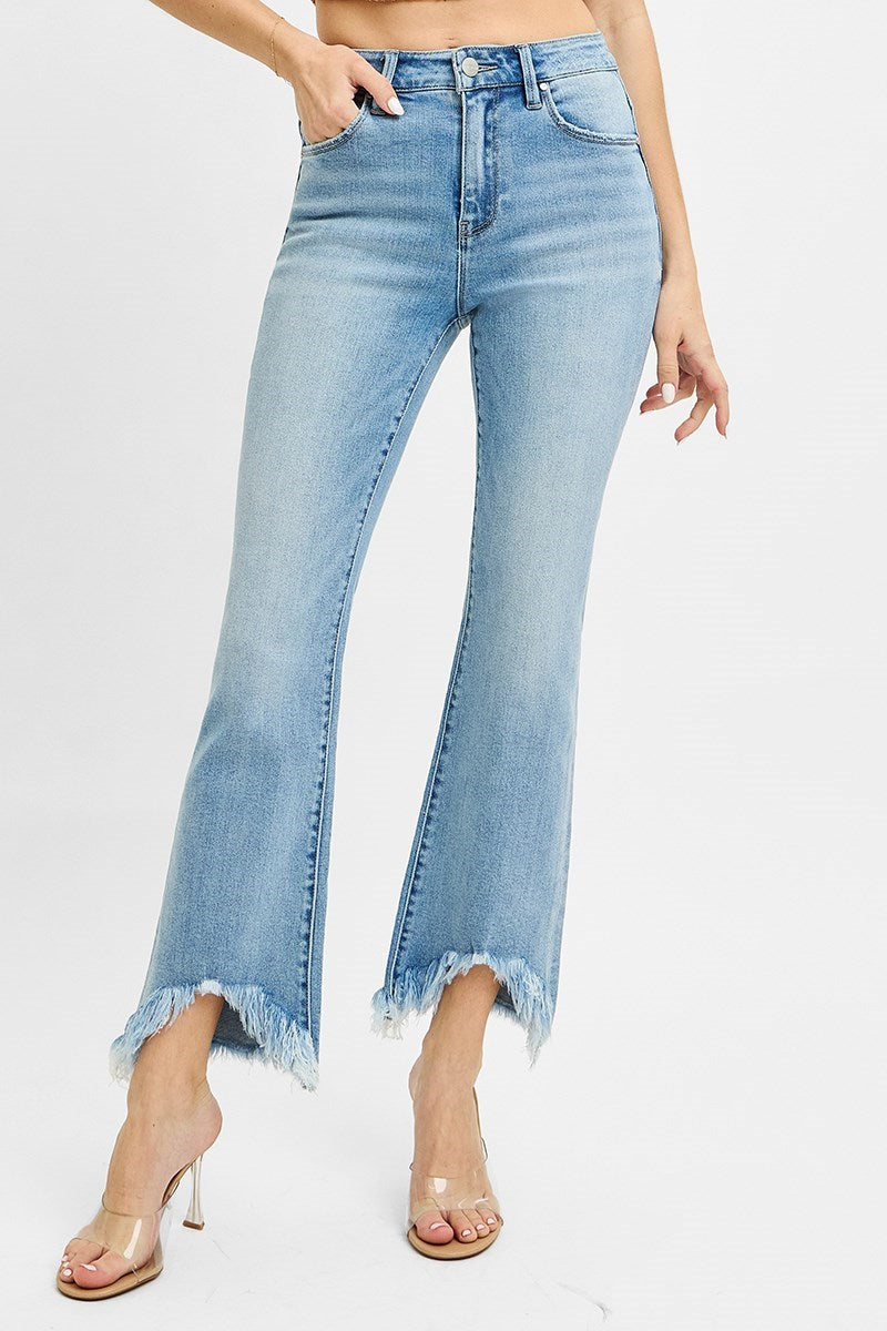 Risen High Rise Crop Bootcut Fray Hem Jeans