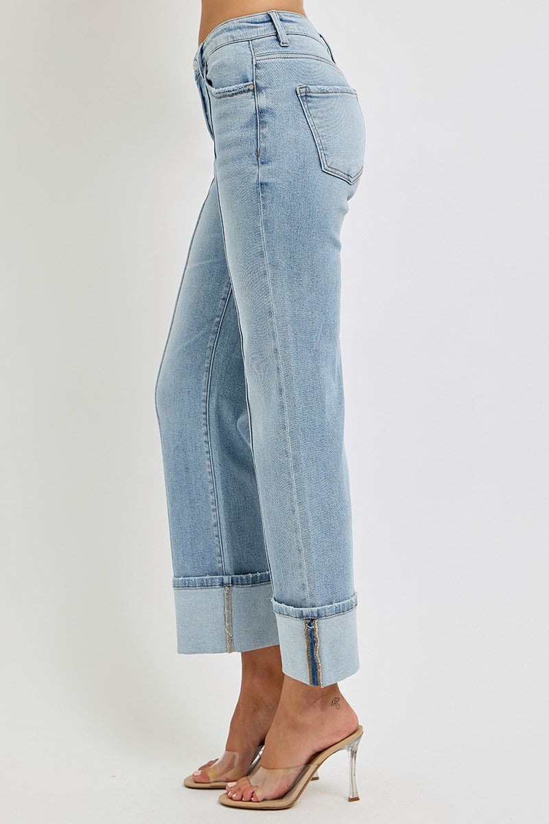 Risen High Rise Ankle Straight Wide Cuffed Jeans