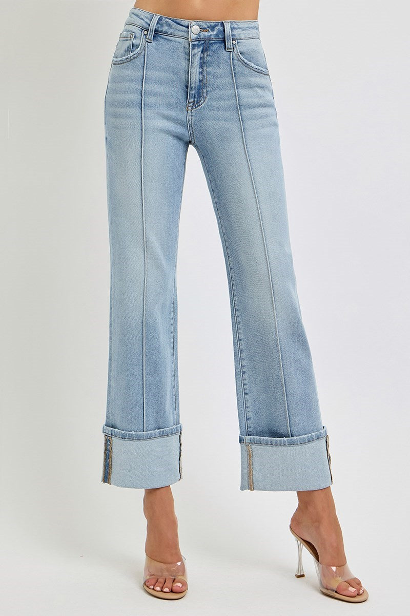 Risen High Rise Ankle Straight Wide Cuffed Jeans