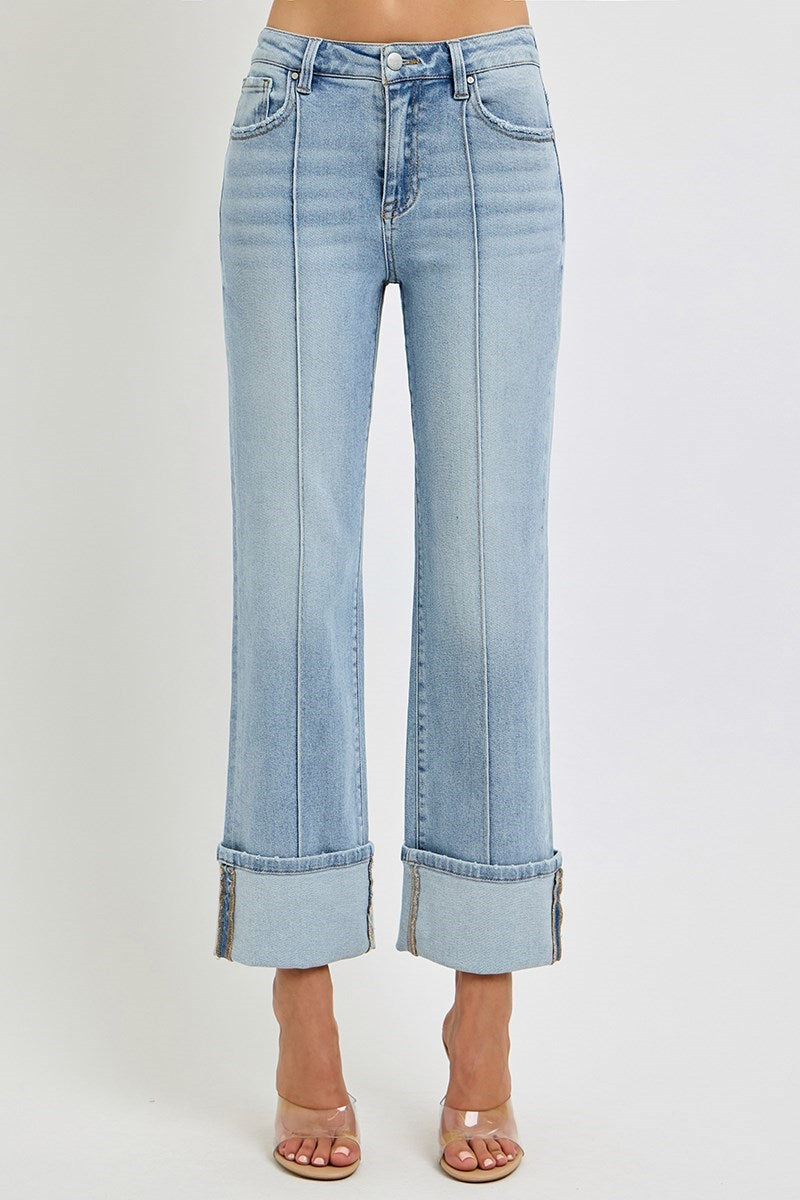 Risen High Rise Ankle Straight Wide Cuffed Jeans