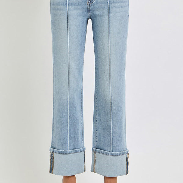 Risen High Rise Ankle Straight Wide Cuffed Jeans