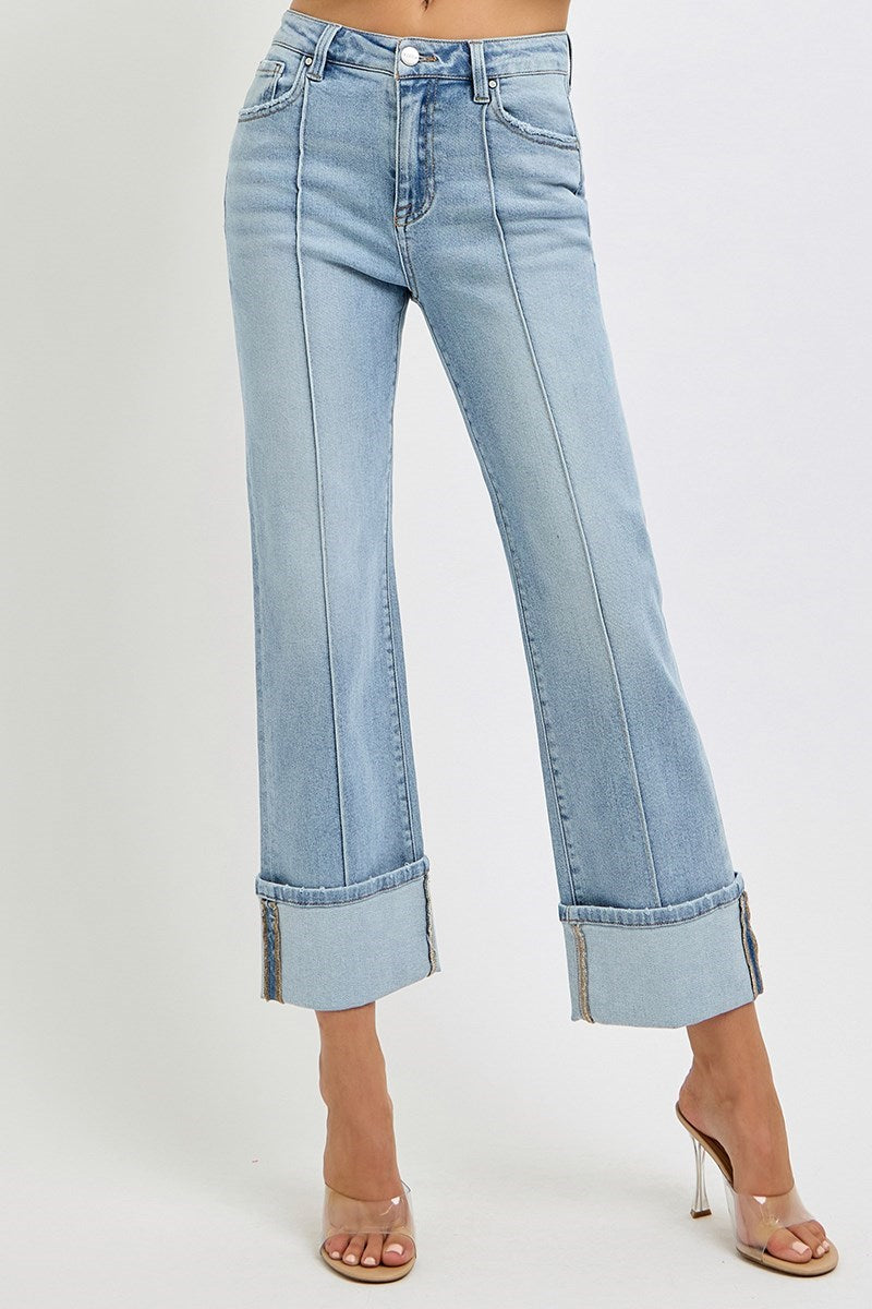 Risen High Rise Ankle Straight Wide Cuffed Jeans