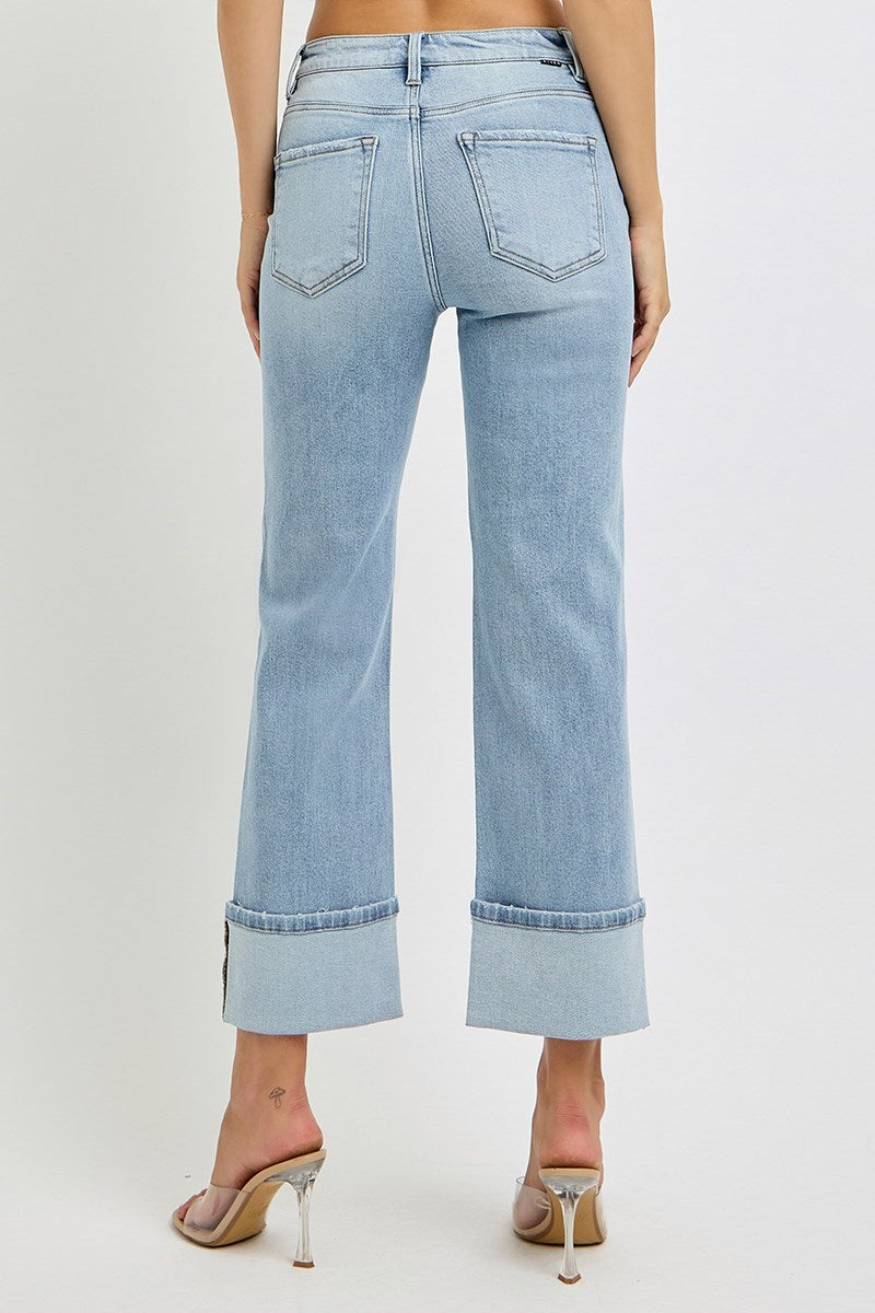 Risen High Rise Ankle Straight Wide Cuffed Jeans