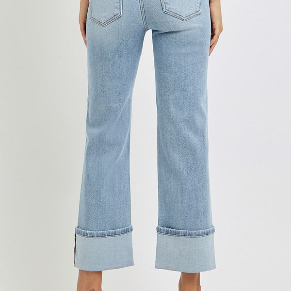 Risen High Rise Ankle Straight Wide Cuffed Jeans