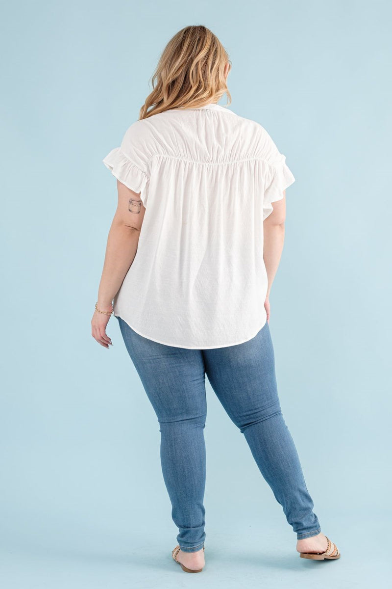 Woven Button Down Ruffle Sleeve Top-Curvy