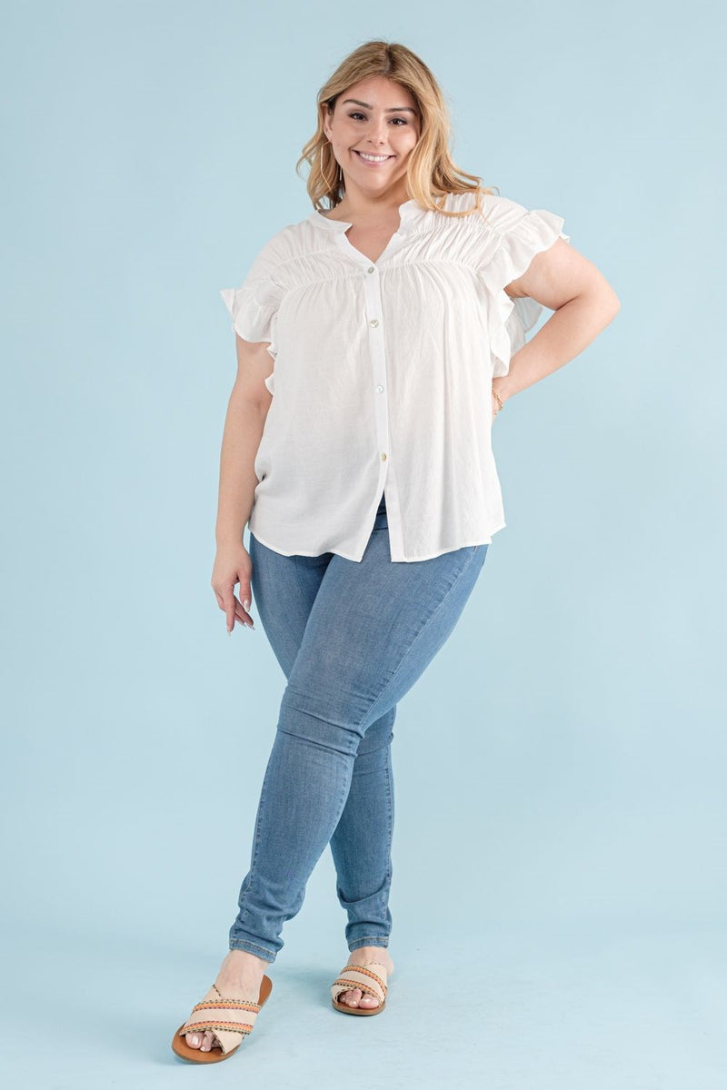 Woven Button Down Ruffle Sleeve Top-Curvy