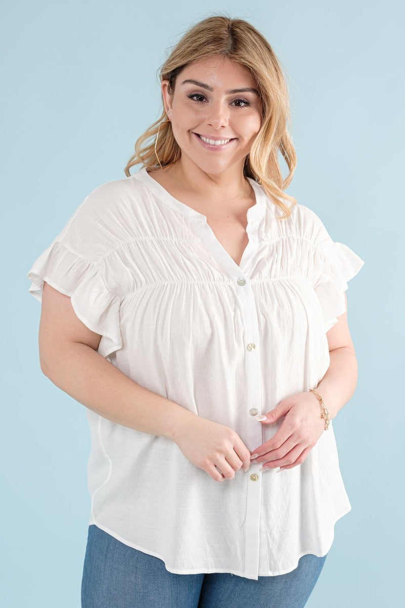 Woven Button Down Ruffle Sleeve Top-Curvy