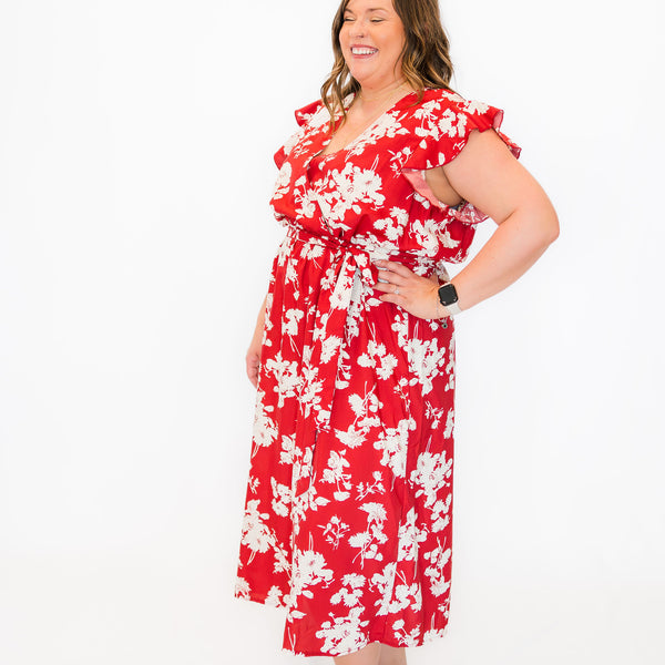 Tropical Floral Print Maxi Wrap Dress with Ruffle- Curvy