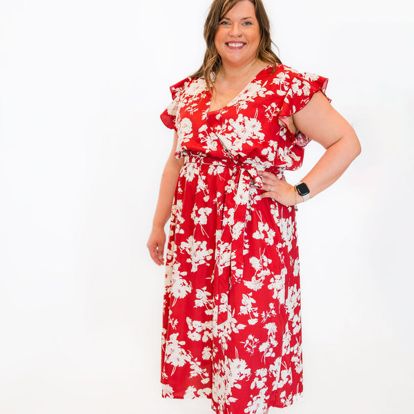 Red V-Neck with large wite flowers, midi dress